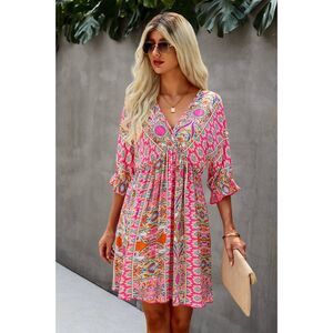 Elings Boho V Neck Swing Pink Boho Dress Size L Vacation Feminine Bohemian